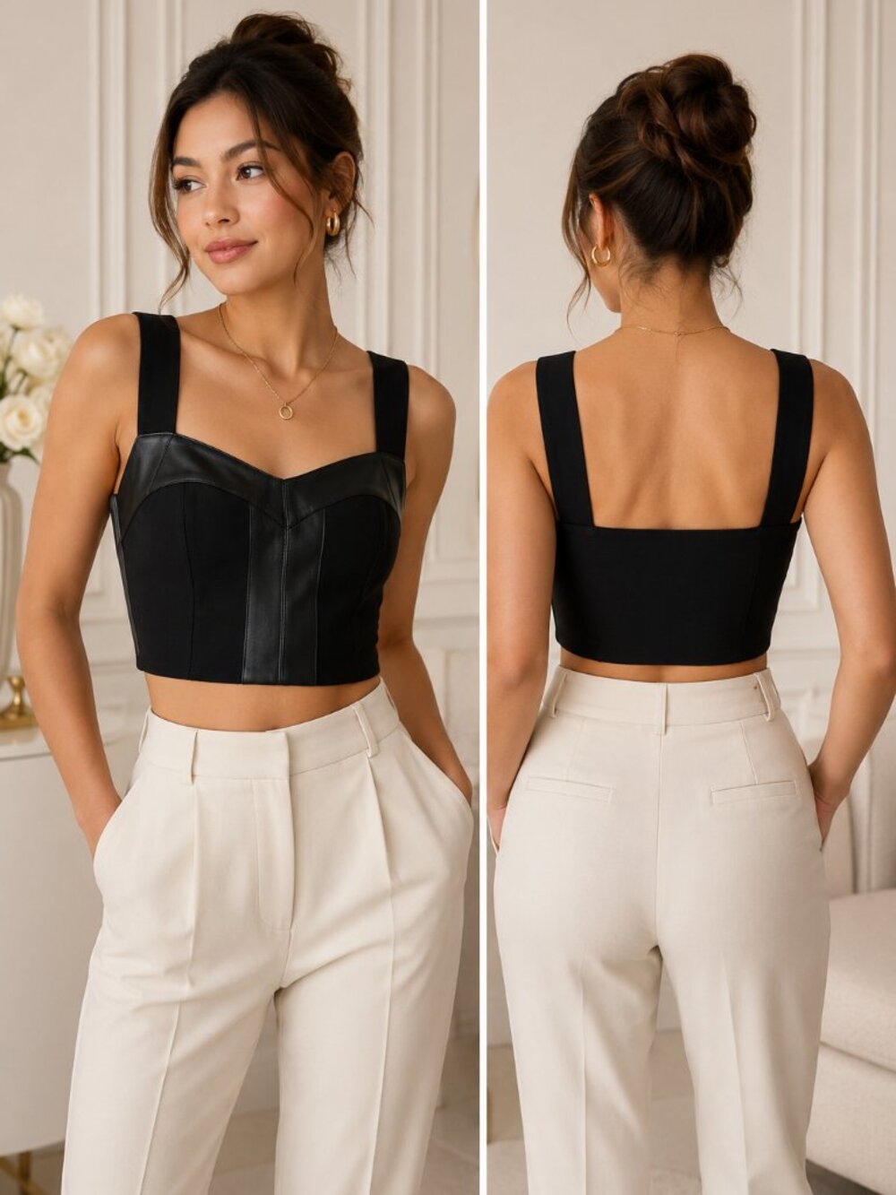 NWT Cabi Jett Bralette Black Mixed Media Faux Leather Crop Top M Fall 2023